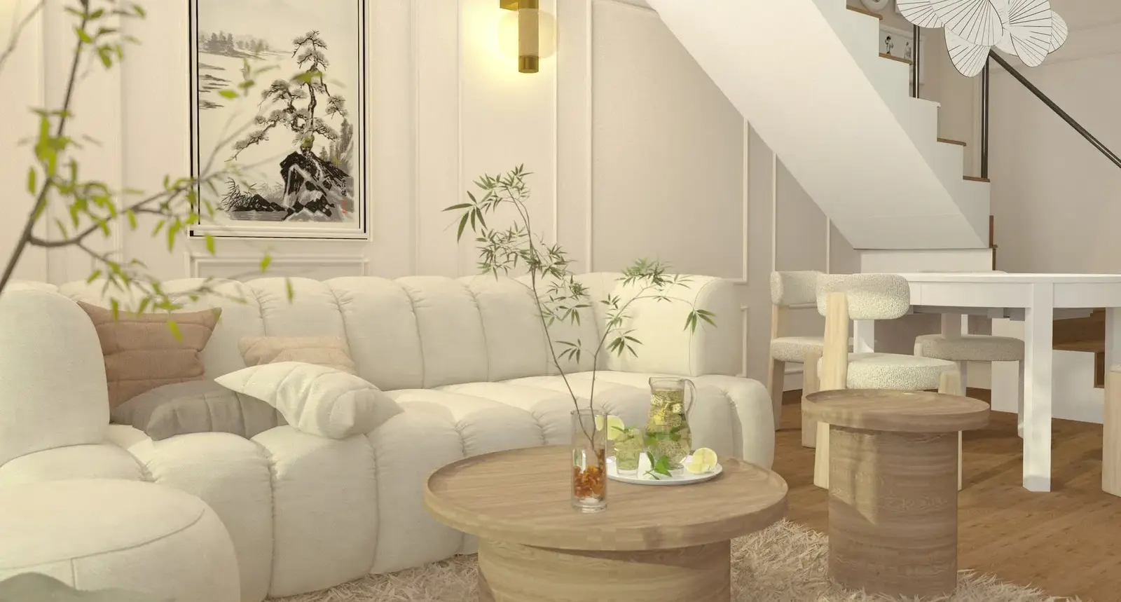 Jasny salon z narożną sofą, drewnianym stolikiem i schodami z metalową balustradą w głębi